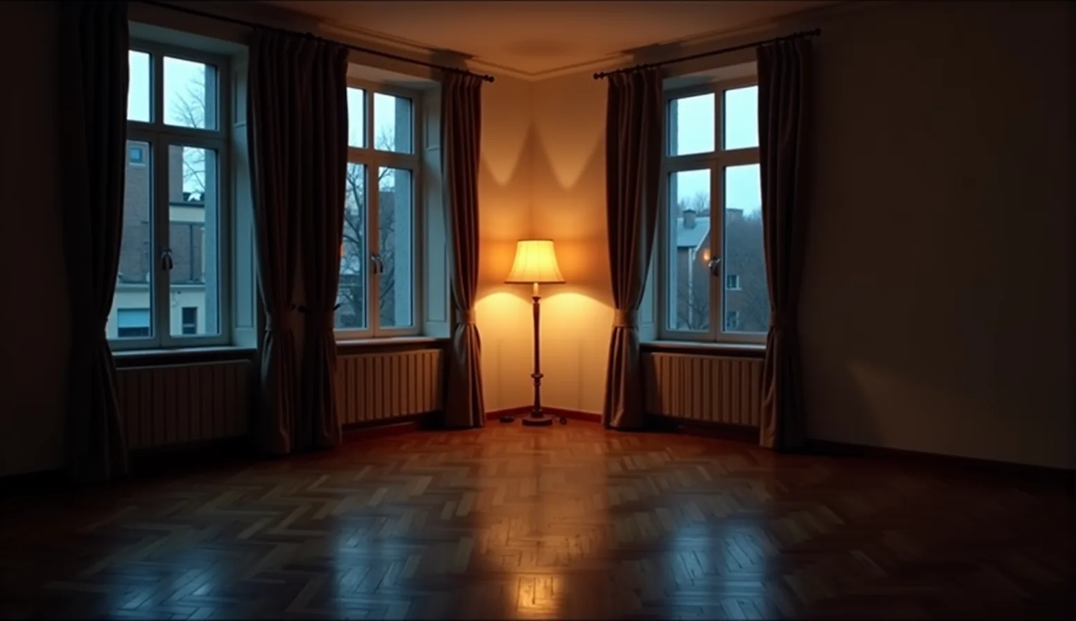 Pusty salon w kamienicy wieczorem, zapalona lampa podłogowa