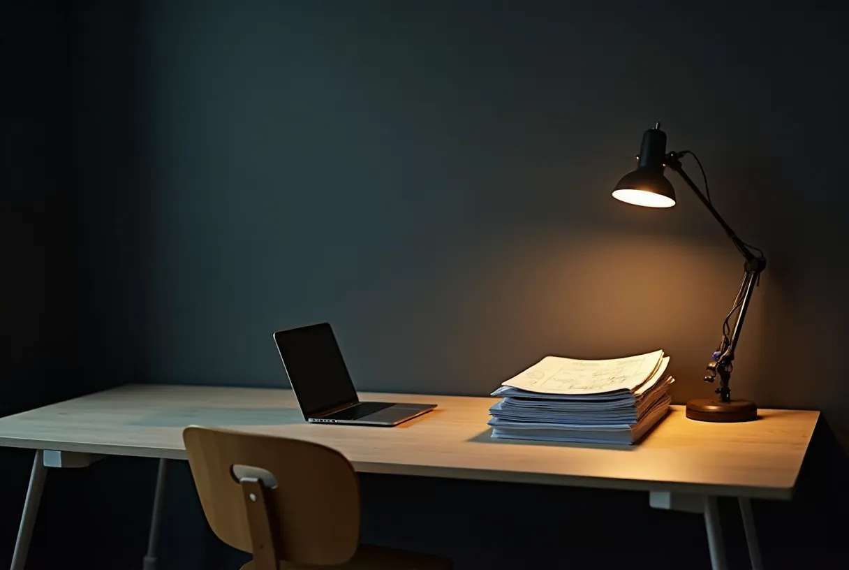 Biurko z rzutami mieszkań i lampą, widziane z boku